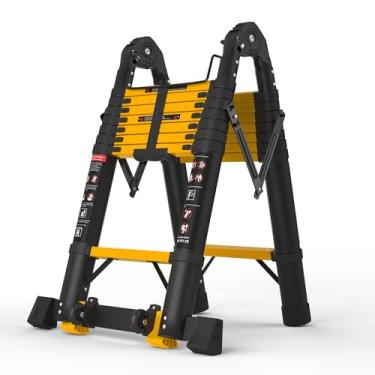 Imagem de SINMEIRUN Escada telescópica com moldura A, 8 degraus, certificação ANSI, serviço pesado tipo IA, capacidade máxima de 150 kg, escada de extensão de alumínio para casa, telhado, trailer; amarelo