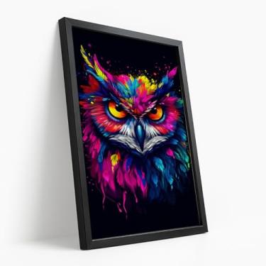 Imagem de Quadro Decorativo Coruja Colorida Olhar Intenso Arte Moderna Estilo Pop Vibrante Fundo Preto Impactante Com Moldura