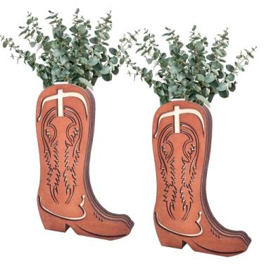 Imagem de Zelura 2 peças de vaso de madeira para botas de caubói para flores, vegetação sintética, decoração de bota de vaqueira, decoração de parede ocidental para banheiro, quarto, cozinha (estilo ferradura)