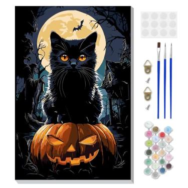 Imagem de DOMROM Kit de pintura emoldurada por números para adultos iniciantes com cavalete de madeira, kit de pintura de abóbora e gato de Halloween por número em tela, kits de pintura a óleo DIY para