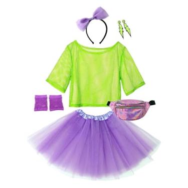 Imagem de kakufunny Conjunto de fantasia retrô dos anos 80, blusa arrastão neon com saia tutu roxa, pochete holográfica e acessórios, Verde neon e roxo, G