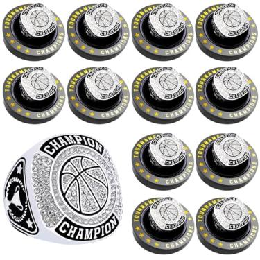 Imagem de 12 peças anel de basquete campeonato anel de basquete bola esporte troféu prêmio presente com corrente de pescoço e suporte para torneio ou campeão da liga (12 peças de anéis de basquete prata