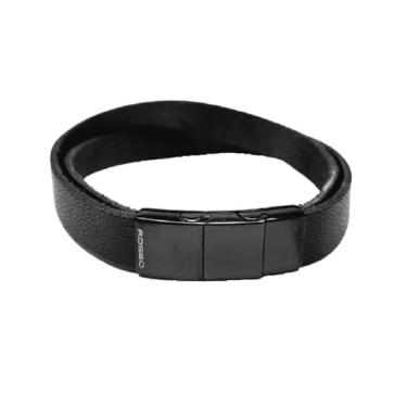Imagem de Bracelete Rosso 20Cm Couro Duplo Trabalhado Preto Black Liso