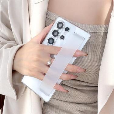 Imagem de Capa de celular luxuosa com alça de pulso elástica de silicone fosco para Samsung S25 S24 S23 Ultra S25 Plus, capa traseira rígida de PC transparente e à prova de choque, transparente, para Samsung S