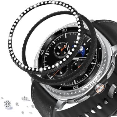 Imagem de DEALELE [Pacote com 2] Capa de bisel compatível com Samsung Galaxy Watch 8 Classic (46 mm), strass brilhante, liga de diamante, moldura metálica, anel adesivo, antiarranhões, acessório (preto)