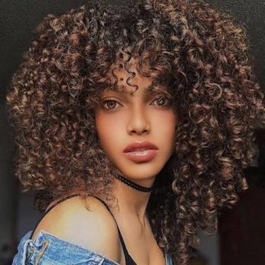 Imagem de quesdom Perucas Curtas Encaracoladas Ombre Marrom Misto Curly Peruca de Cabelo Macio Fibra Sintética Peruca Afro-Americana Kinky com Franja para Mulheres Negras (T14/30, Marrom Ombre)