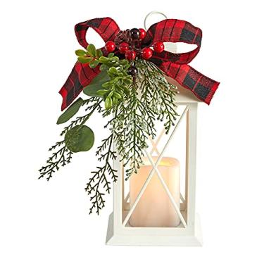 Imagem de Lanterna branca de 30,5 cm com bagas, pinho e xadrez, arranjo de mesa artificial de Natal com vela de LED incluída
