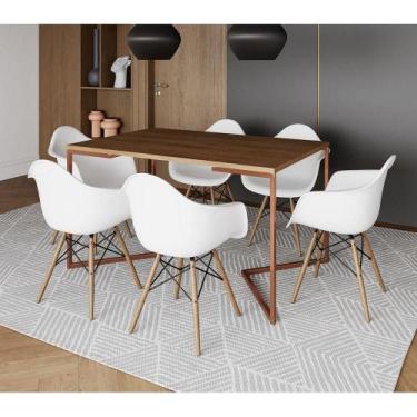 Imagem de Mesa Industrial Retangular Jantar 137X90Cm Amêndoa Base Cobre V Com 6 