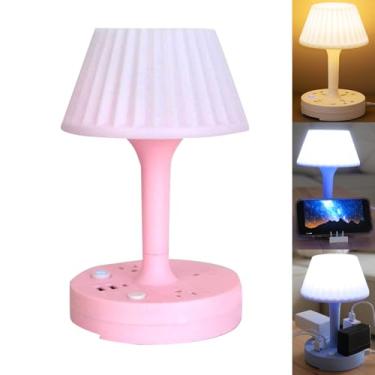 Imagem de EXQSERAMC Candeeiro de mesa com porta USB e tomada, lâmpada de mesa pequena para quarto, lâmpadas LED reguláveis em 3 cores, luzes de suporte noturno, luzes de mesa de carregamento USB para escritório
