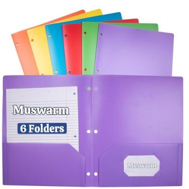 Imagem de Muswarm 6 pacotes, 2 pastas de bolsos com 3 furos, pasta de plástico para papel tamanho carta, arquivo organizador na escola, escritório, casa, negócios, cores sortidas, 6 cores