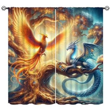 Imagem de Wallira Cortinas fantasia dragão azul galáxia, fênix mágica fênix mística decoração de janela tratamentos de janela para meninas crianças meninos quarto cozinha acampamento café sala de jogos sala de