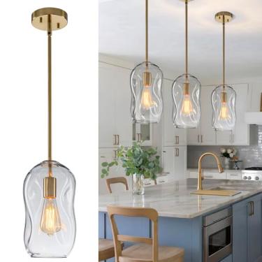 Imagem de Luminárias pendentes de vidro soprado, luzes de ilha para cozinha, pacote com 3 luzes modernas de barra dourada penduradas com cúpula de vidro orgânico espesso transparente de 29 cm de altura para