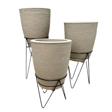 Imagem de Kit 3 Vasos Escovados Coluna Bojo Decorativos para Plantas, Flores de Jardim e Sala + Suporte Tripé de Ferro para Vasos, Plantas de Chão, Vaso de Planta e Flores(Bege)