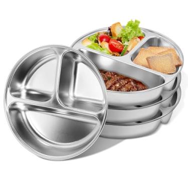 Imagem de Pratos infantis de aço inoxidável (4 pacotes), placa de metal dividida com controle de porção para adultos e crianças pequenas almoço, pratos seccionados inquebráveis, dieta bariátrica para diabéticos