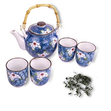 Imagem de Conjunto de 5 xícaras e chaleira de cerâmica com design japonês LakeTian, serve 5 convidados, excelente decoração de casa colorida, conjunto de bule de chá decorativo asiático (azul)