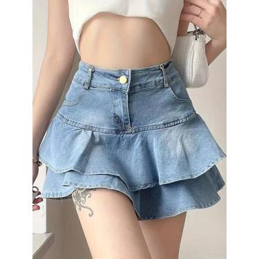 Imagem de Saia Mini Jeans Vintage Com Babados Para Mulheres Verão 2023 Moda De R