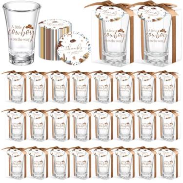 Imagem de Roshtia 24 conjuntos de lembrancinhas de chá de bebê caubói para convidados meninos e meninas presentes incluem um pequeno caubói está a caminho copos de shot etiquetas de agradecimento sacos de