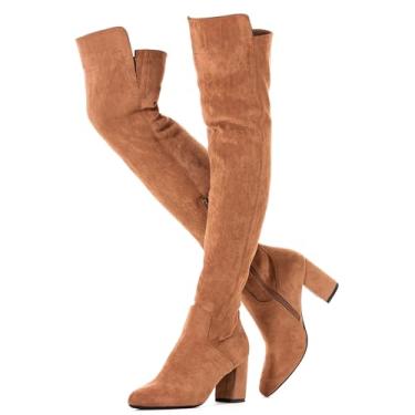 Imagem de N.N.G Botas femininas acima do joelho até a coxa camurça preta bloco baixo 5 cm salto grosso acima do joelho inverno bico fino, MarromSalto 3 Ihch, 37