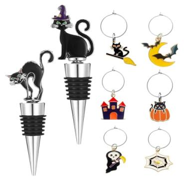 Imagem de Conjunto de rolhas de vinho de Halloween com pingentes de vinho, 2 peças de rolhas de vinho de gato preto reutilizáveis com vedação de silicone, tampa de garrafa à prova de vazamento, mantenha fresco
