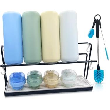 Imagem de WAKUBON Escorredor de garrafas para bancada de cozinha – duas camadas para garrafas de água e copos, suporte de armazenamento que economiza espaço com bandeja de drenagem, inclui conjunto de limpeza