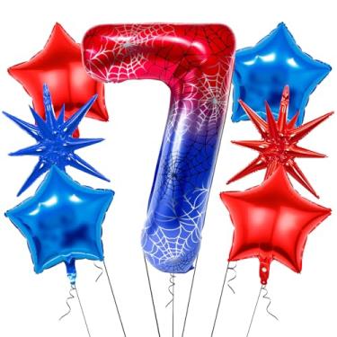 Imagem de 7Pcs 40 inch Spider Theme Number 7 Balloons, Large Red Blue 7 Balloon Number Set with Exploding Star and Star Foil Balloons for Birthdays and Spider Themed Parties
