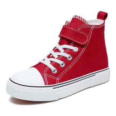 Imagem de Zoroadke Tênis infantil de lona com lantejoulas brilhantes e cano alto com alça ajustável para meninas e meninos, Tela vermelha, 22