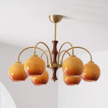 Imagem de Lustre de teto moderno de 6 luzes de meados do século, luminária pendente de vidro leitoso laranja vintage, lustre rústico de madeira de fazenda para hall de entrada, mesa de jantar, ilha de