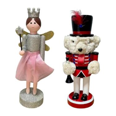 Imagem de IEUDNS Estatueta de quebra-nozes de madeira, decoração de Natal, altura 9,84 polegadas, boneca de madeira, quebra-nozes, enfeite para prateleira de casa, 1 Peça de Urso 1 Peça de Anjo