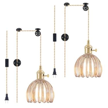 Imagem de Pacote com 2 luminárias pendentes, luminária pendurada em vidro vintage, mini lâmpada suspensa de tulipa âmbar, iluminação pendente para ilha de cozinha, quarto, sala de jantar, sala de estar