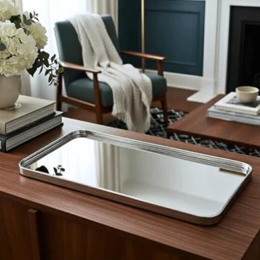 Imagem de Bandeja Espelhada Dourada Preta Prata 40cm Servir Decoração (Prata)