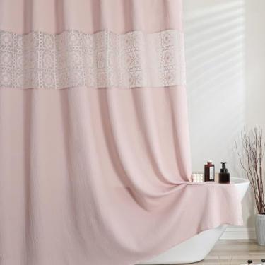 Imagem de OVZME Cortina de chuveiro rosa blush 78 polegadas de comprimento, cortinas de chuveiro texturizadas enrugadas com corte bordado, pano pesado macio e pesado decoração de banheiro lavável na máquina