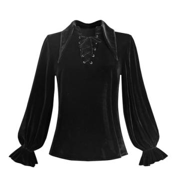Imagem de Nuoqi Blusa feminina vitoriana de manga comprida, blusa renascentista de veludo preto, Preto, P