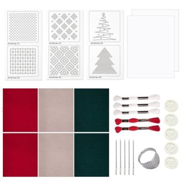 Imagem de Yushen Kit Sashiko Merry Christmas, linha Sashiko, kit de bordado com padrões solúveis em água para iniciantes, agulhas Sashiko e tecido de dedal, estofamento manual e suprimentos de costura