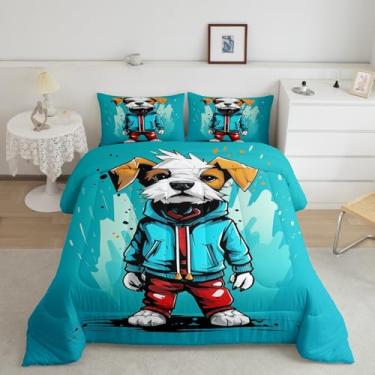 Imagem de Homewish Jogo de cama solteiro fofo de cachorro, desenho animado, para decoração de quarto de crianças, meninos, meninas, grafite, aquarela, arte animal, 2 peças, conjunto de colcha moderno, água azul