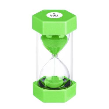 Imagem de YLTIMER Temporizador de areia de ampulheta de 5 minutos, relógio de areia de ampulheta hexagonal de plástico de 5 minutos, Reloj De Arena 5 minutos, ampulheta de vidro verde inquebrável para sala de