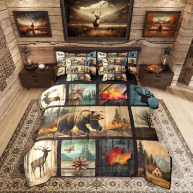 Imagem de Erosebridal Jogo de cama King rústico de fazenda com 7 peças, retrô, cabana de caça, urso, veado, para crianças e adultos, conjunto de cama xadrez com folhas de bordo e pinheiro