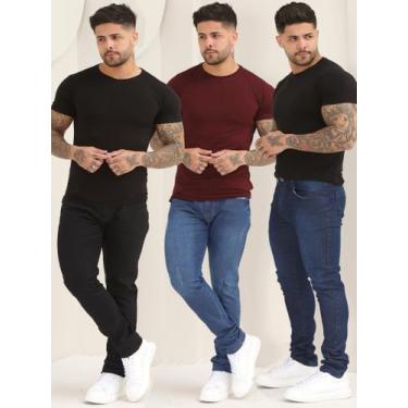 Imagem de Kit 3 Calças Jeans Lisa Masculina Básica Skinny Com Elastano A-130/133