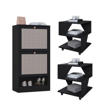 Imagem de Kit Sapateira 2 Portas E 2 Mesas De Cabeceira/centro Poquema Preto