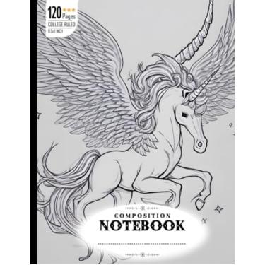 Imagem de Composition Notebook College Ruled: Hand-Drawn Unicorn with Wings Outline Illustration, 1pt Struck Line, White Background, 8K, Ideal for Art and Inspiration, Size 8.5x11 Inches, 120 Pages