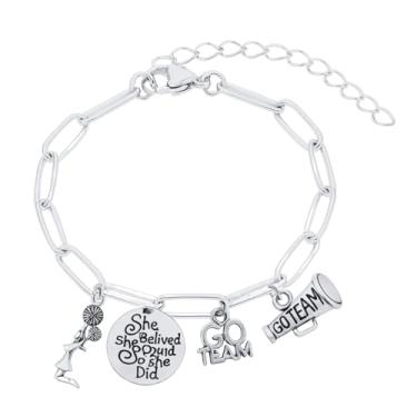 Imagem de Pulseira de clipe de papel com pingente de líder de torcida de aço inoxidável prata – corrente ajustável com berloques She Believed She Could, Cheerleader, pompons e megafone – presente para líderes