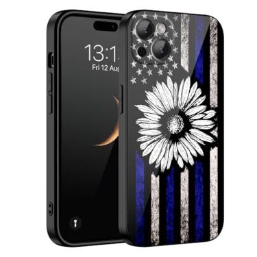 Imagem de Capa compatível com iPhone 15 Pro Max, projetada para iPhone 15 Pro Max, atualização completa do sistema de câmera, capa protetora fina à prova de choque, bandeira americana retrô com linhas azuis e