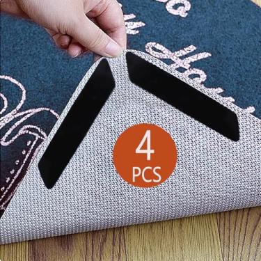 Imagem de 4 peças de tapetes antiderrapantes, prendedores para pisos e azulejos de madeira, fita de carpete reutilizável, adesivos de tapete adesivo dupla face