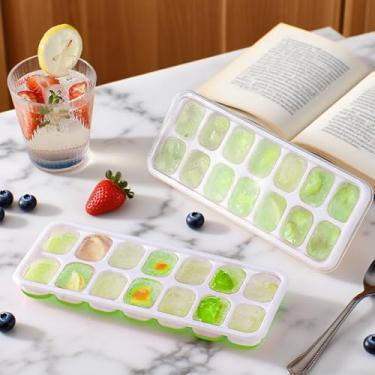 Imagem de Bandejas de cubos de gelo, 14 células, forma de cubos de gelo de silicone com tampa removível resistente a derramamentos (verde, 2 peças)
