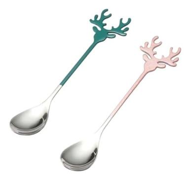 Imagem de 2 colheres de chifre de rena de aço inoxidável de 14 cm, fofo, mini café, açúcar, sorvete, mexendo, sobremesa, colheres de bebida, utensílios de mesa, utensílios de cozinha