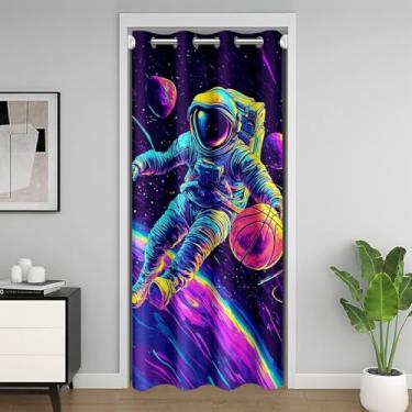 Imagem de Cortina de porta de astronauta infantil, cortinas de porta com tema espacial neon colorido estrela planeta porta cortina de privacidade, meninos adolescentes meninas engraçado jogador de basquete