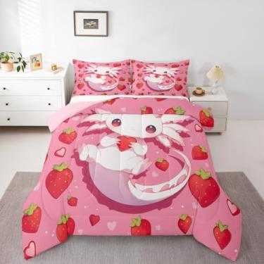 Imagem de Feelyou Jogo de cama solteiro com estampa de axolotl fofo, kawaii, morango, frutas frescas, para crianças, meninos, meninas, rosa, vermelho, edredom para decoração de quarto, microfibra, 2 peças com 1