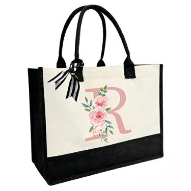 Imagem de Sacola de lona com carta impressa, presentes personalizados para mulheres, mães, amigas, professoras, bolsas de praia premium com zíper, rosa, Large
