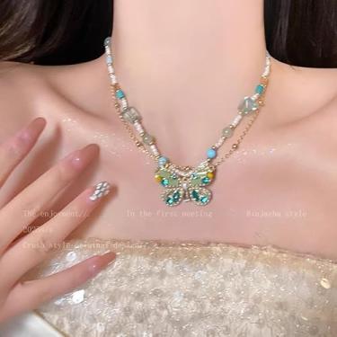 Imagem de Colar com pingente de borboleta de strass azul super fada elegante com contas de camada dupla para mulheres, joia de praia boho para férias de verão