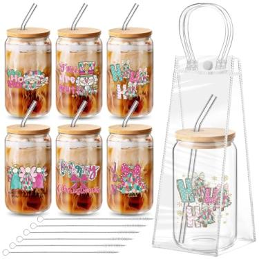 Imagem de Maxdot Conjunto de 6 copos de vidro rosa de Natal com tampa e canudo 473 ml Quebra-nozes Árvore de Natal Arcos de Papai Noel Anjo Feliz Natal em Forma de Lata Copo de Cerveja para Mulheres Professoras