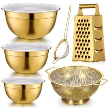 Imagem de Baderke O conjunto de acessórios de cozinha dourados de 6 peças inclui 3 tigelas de mistura de ouro com tampas herméticas, fatiador de ralador de escorredor de aço inoxidável e coador de malha fina